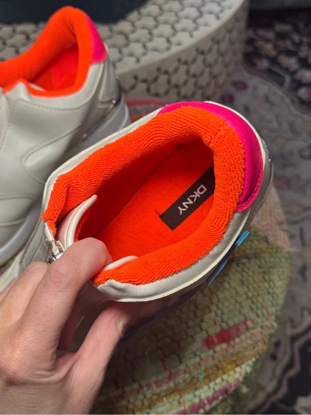 🔵⚪️🟠 DKNY White Platform Zip-up Wedge Sneakers with Bright Accents 🟠⚪️🔵‎